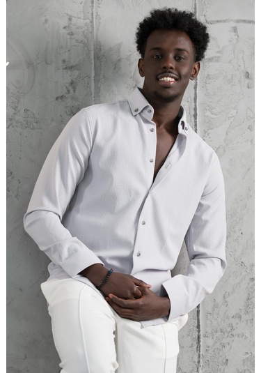 Advante Armürlü Likralı Yaka Düğmeli Slimfit Yazlık Gofre Kumaş Gömlek Gri