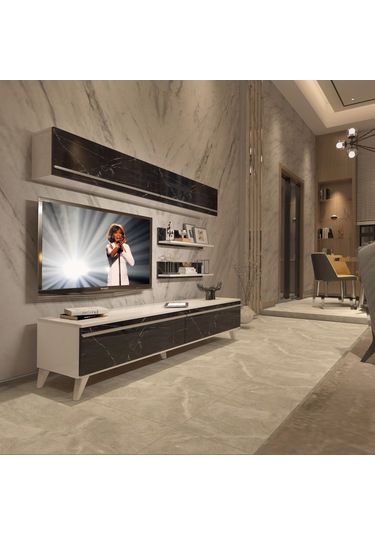 Decoraktiv Eko 5 Mdf Std Retro Tv Ünitesi Tv Sehpası Beyaz - Siyah Mermer