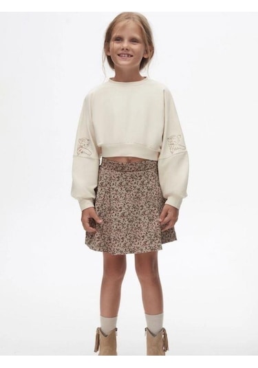 Kız Çocuk Pamuklu Orta Kalınlık Crop Sweatshirt-14713 KREM