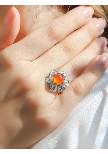 Esha Store Doğal Taş Akik Doğal Taşlı Çiçek Model Telkari Kadın Ayarlanabilir Gümüş Kaplama Yüzük Euy61ar Kırmızı