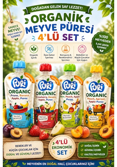 Organic %100 Organik Meyve Püresi 100 G x 4 Karışık Aroma İlave Şekersiz 4'lü Set