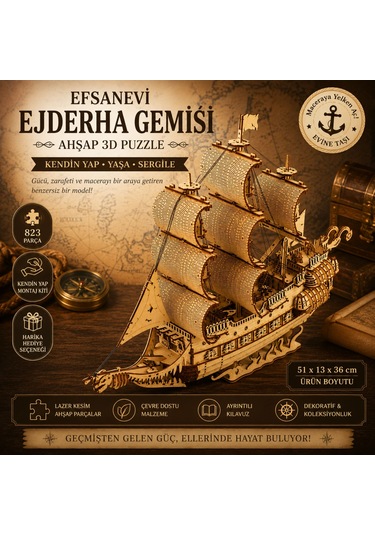 Ejderha Gemisi Ahşap Maket Seti Dıy 3d Puzzle Yelkenli Gemi Koleksiyoner Modeli 823 Parça