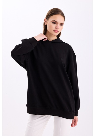Pastelastore Pamuklu Kapüşonlu 2 İplik Baharlık Oversize Sweatshirt Siyah