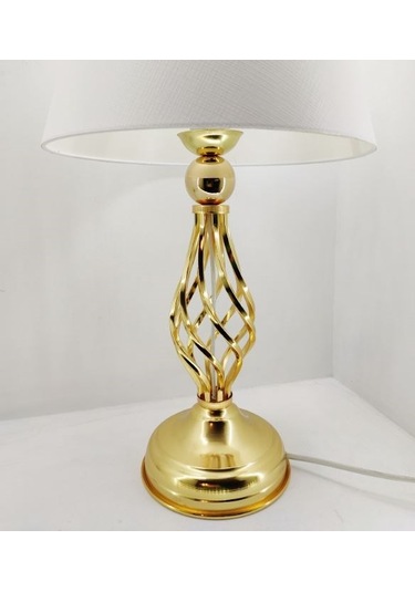 Gold Altın Renk Burgulu Toplu Metal Ayaklı Beyaz Şapkalı Abajur Altın