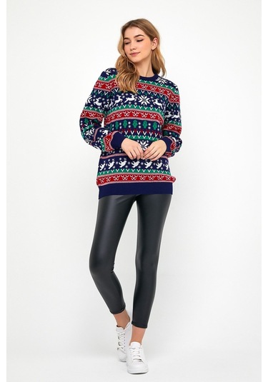 Tarz Cool Lacivert-kırmızı Kadın Christmas Yılbaşı Kazağı-kdncrs001r03m Lacivert-kırmızı