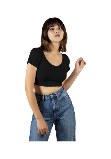Siyah Havuz Yaka Fitted/vücuda Oturan Kısa Kol Crop Tişört Siyah
