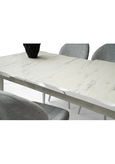 Marmo Kütük Ortadan Açılır Büyüyen Yemek Masası Mermer Desenli 90x160cm Beyaz