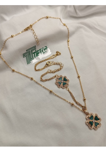 Tiptop/ Yeşil Mineli Yonca Model Gold Renk Kolye Ve Şahmeran Set Gold