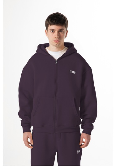 Flaw Nakışlı Zip Hoodie-28828 Mürdüm