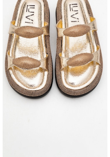 Fınery Altın Taşlı Tokalı Kadın Kalın Tabanlı Terlik Altın