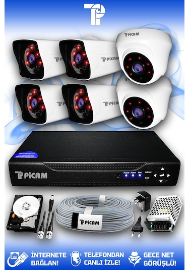 Picam 6 Kameralı Kare 2 İç Kamera Set 500 GB HDD Full HD Gece Görüşlü Güvenlik Kamerası Sistemi