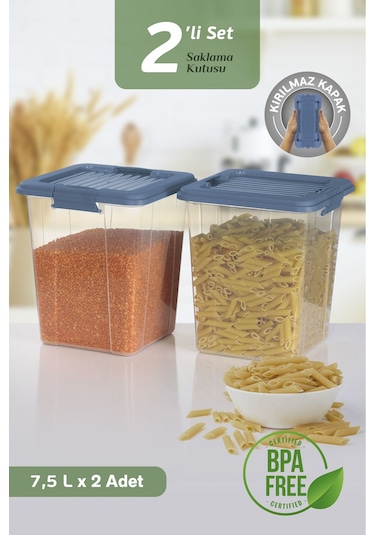 2'li Organizer Box 7,5l Un Bakliyat Erzak Kabı Kilit Kapaklı Düzenleyici Deterjanlık Saklama Kutusu Mavi