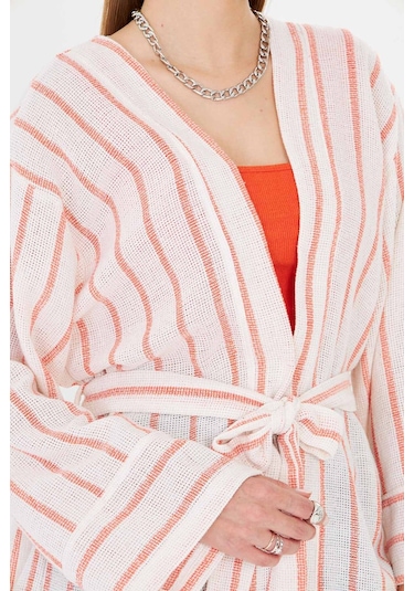 Armonika Kadın Turuncu-beyaz Kemerli Kimono Arm-25y001073
