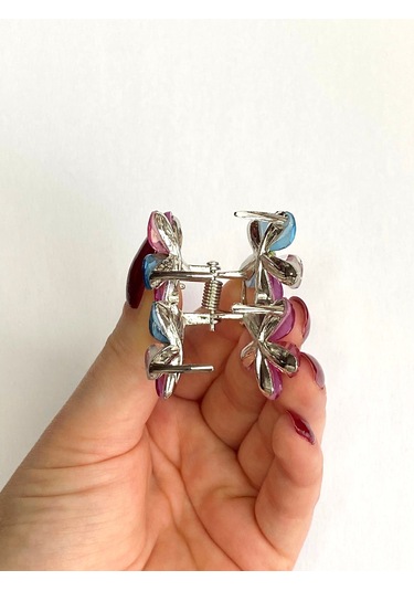 Karışık Renkli Taşlı Çiçek Gümüş Detaylı Metal Mandal Toka 4 Cm Çok Renkli