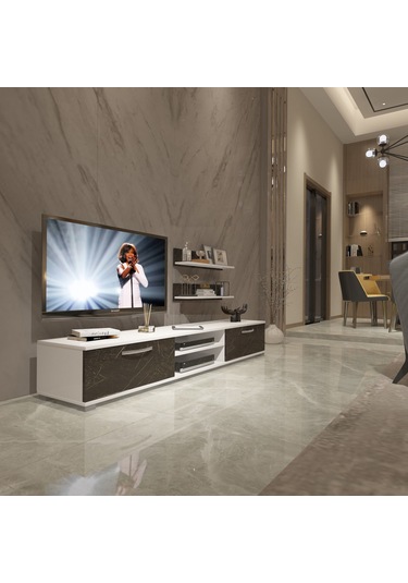 Decoraktiv Eko 4 Mdf Dvd Tv Ünitesi Tv Sehpası Beyaz - Siyah Mermer