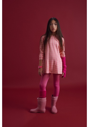 Luess Kız Çocuk Pembe Jakarlı Yumuşak Dokulu Elbise - Pembe