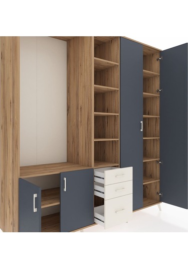 Kronos Dolap 13 Raflı 3 Çekmeceli 4 Kapaklı 220x59x243 Çam-antrasit/aytaşı Antrasıt/aytası