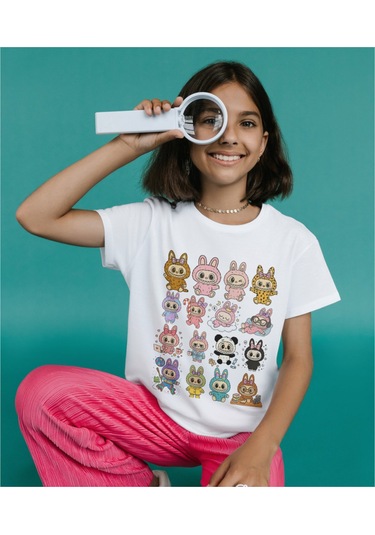 Labubu Tişört Labubu Çocuk T-shirt Labubu Yetişkin Unisex Tişört Beyaz