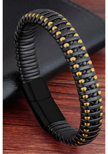 Brezza Lusso Jewelry Hakiki Deri Sarı Dorica Toplu Özel Çelik Erkek Bileklik