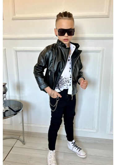 Modavals Erkek Çocuk 4 Parça Deri Ceket Kot Pantolon Kombin - 574283691 Siyah