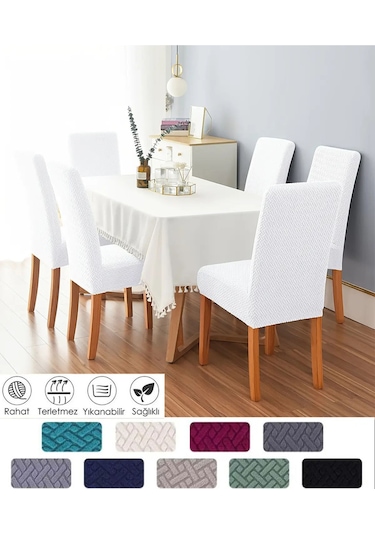 StarMall Tuğla Desen Likrali Jakarlı Kümaş Sandalye Örtüsü, Lastikli, Esnekli Sandalye Kılıfı 1 Adet Beyaz