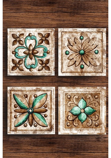 Baskılı Doğaltaş Bardak Altlığı 4'lü Set - Hint Desenli Doğal Taş Bardak Altı Çok Renkli