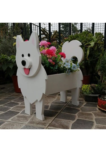 Neevoyu Ahşap Köpek Figürlü Saksı - Samoyed Desenli, Dışarıdışı Kullanım, Bahçe Ve Ev Dekorasyonu, Bitki Taşıyıcı S Boyutu