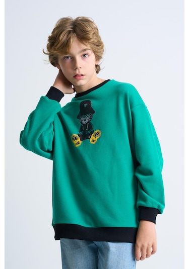 Alexandergardi Alexandergardı Baskılı Bisiklet Yaka Çocuk Sweatshirt Koyu Yeşil