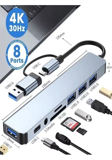 8in2 Alüminyum 4xusb 1xtype-c 3.5mm Jak Tf/sd Usb Hub Çoklayıcı T