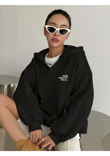 Altamira Unisex Happy Baskılı Oversize Kapüşonlu Sweatshirt 001