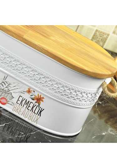 Ferforje Ahşap Kapaklı Kesme Tahtalı Ekmeklik Beyaz