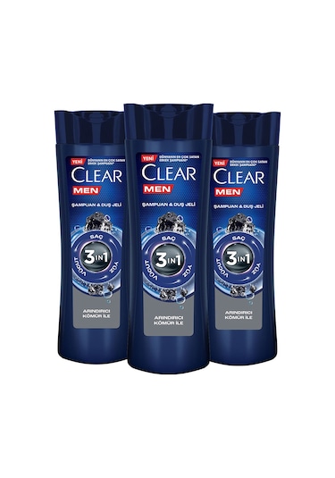 Clear Men Arındırıcı Kömür 3'ü 1 Arada Şampuan ve Duş Jeli 3 x 350 ML