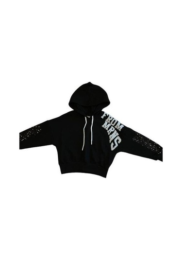 Kız Çocuk Simli Yazılı Kolları Pul Detaylı Crop Sweatshirt-15040 Siyah