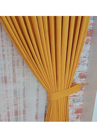 Hardal Sarısı Renk Fon Kadife Perde Çift Kanat 1/3 Sık Pileli Dikim V-16 Hardal Sarısı