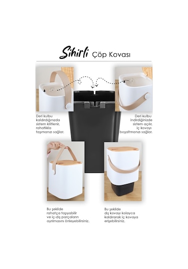 Ahşap Görünümlü Çöp Kovası - Akıllı Kapak Tutma Saplı Kovalı Tezgah Üstü Mutfak Çöp Kovası 4lt Beyaz