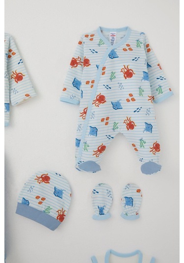 Breeze Erkek Bebek Hastane Çıkışı 8 Li Sevimli Deniz Hayvanları Desenli 0-3 Ay, Beyaz Beyaz