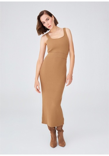 Peraluna Örgülü Kaşmir Karışımlı Kalem Kadın Triko Etek Camel