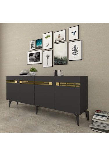 Vie Konsol Tv Sehpası Çok Amaçlı Dolap 150 Cm Antrasit Altın