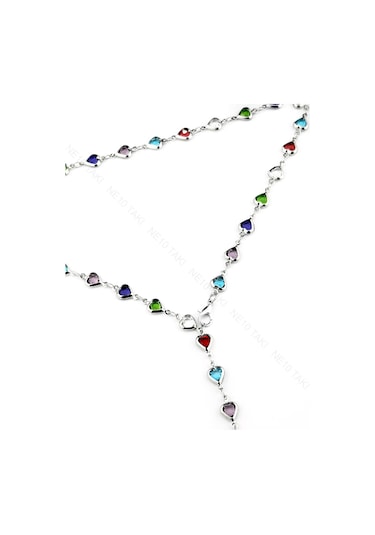 Y Kolye, Taşlı, Çok Renkli, Kalpli, Kolye 433, Kasa Gümüş Renk Gümüş