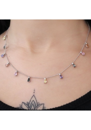 925 Ayar Renkli Taşlı Damla Shakıra Gümüş Kolye