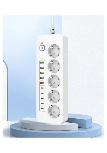 Isıya Dayanıklı Power Tuşlu 5'li Grup Priz 5x Usb 5x Type-c Çıkışlı Priz 2 Mt Kablolu 0
