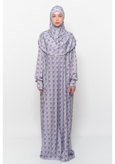 Pratik Tek Parça Güneş Desenli Kollu Tak Çıkar Başörtülü Likralı Tesettür Namaz Elbisesi 990-0302 Açık Mor Antrasit