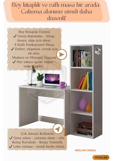 Tamamı Mdf Boy Kitaplıklı 4 Raflı Çalışma Odası Seti