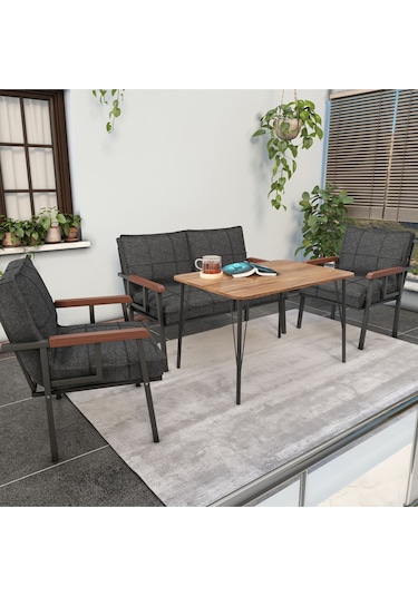 Mygusi Modern Balkon, Bahçe, Cafe - Metal Kanepe Koltuk Takımı - 2+1+1 Masa Antrasit