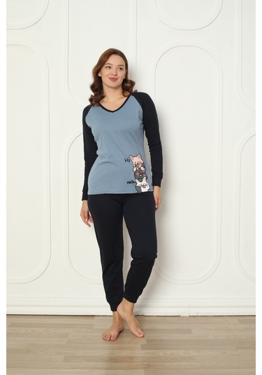 Fawn 04-3024 İnterlok Kumaş Minnoş Kedili Kışlık Ev Kadın Pijama Takımı Mavi