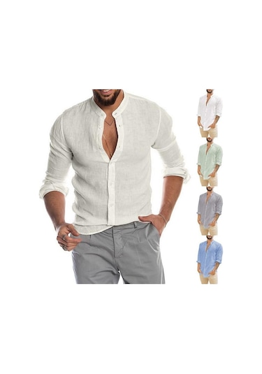 Siyah Erkek Pamuklu Keten Uzun Kollu Henley Gömlek Rahat Bol Düğmeli Üstler Tişört Siyah