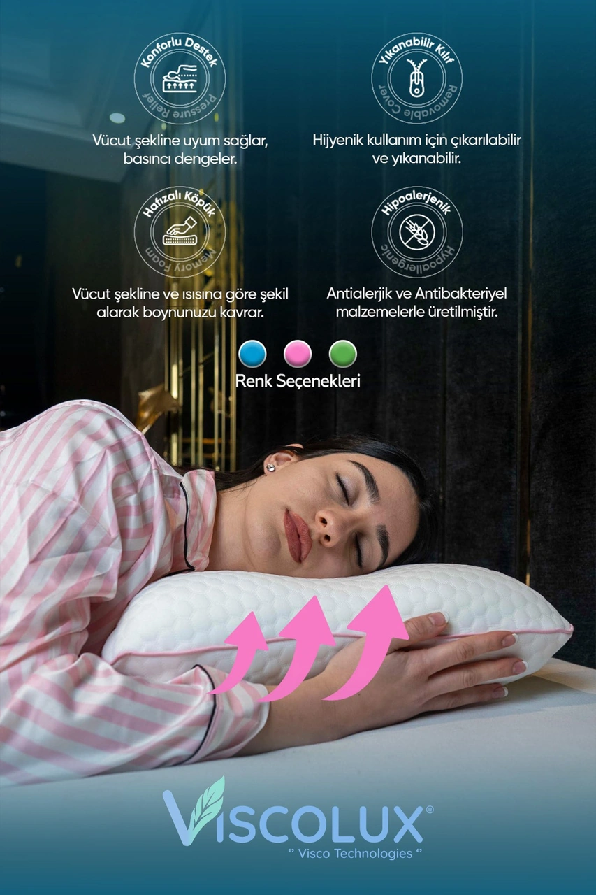 Horlama Azaltıcı Yastık - Horlama Önleyici Ortopedik Visco Yastık 55x40x12/10 Pembe