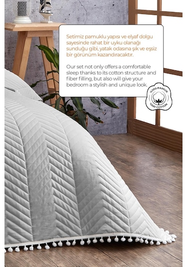 Evlen Home Ponponlu %100 Pamuk Tek Kişilik Günlük Yatak Örtüsü Pike Takımı Seti Gri