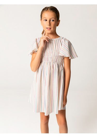 Sheshe Yarım Kollu Çizgili Pamuklu Kız Çocuk Elbise Renkli