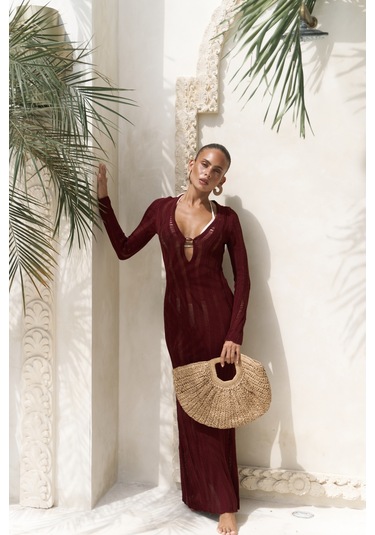 Anandra Boncuk Detay Bordo Triko Uzun Elbise Bordo